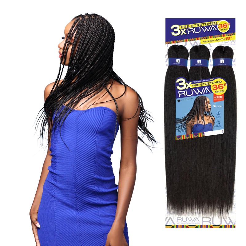 Sensationnel Ruwa prestretched braiding hair - 3x 36 inch water repellent kanekalon fast dry synthetic sports itch free (3 pack, 1B OFFBLACK) - Image 1